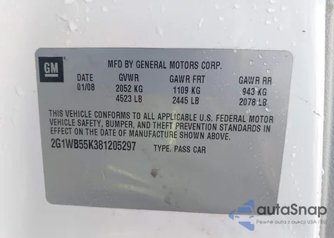 2008 Chevrolet Impala Ls z USA, uszkodzony, nr VIN 2G1WB55K381205297